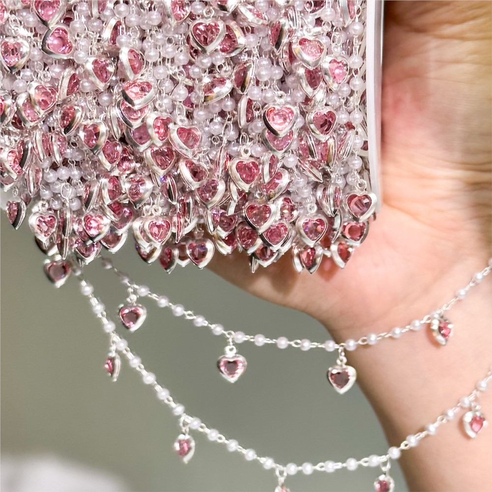 Pearl Trim Chain - 0,5 Meter/1 Meter Rosa Kristallherz-Messingkette für